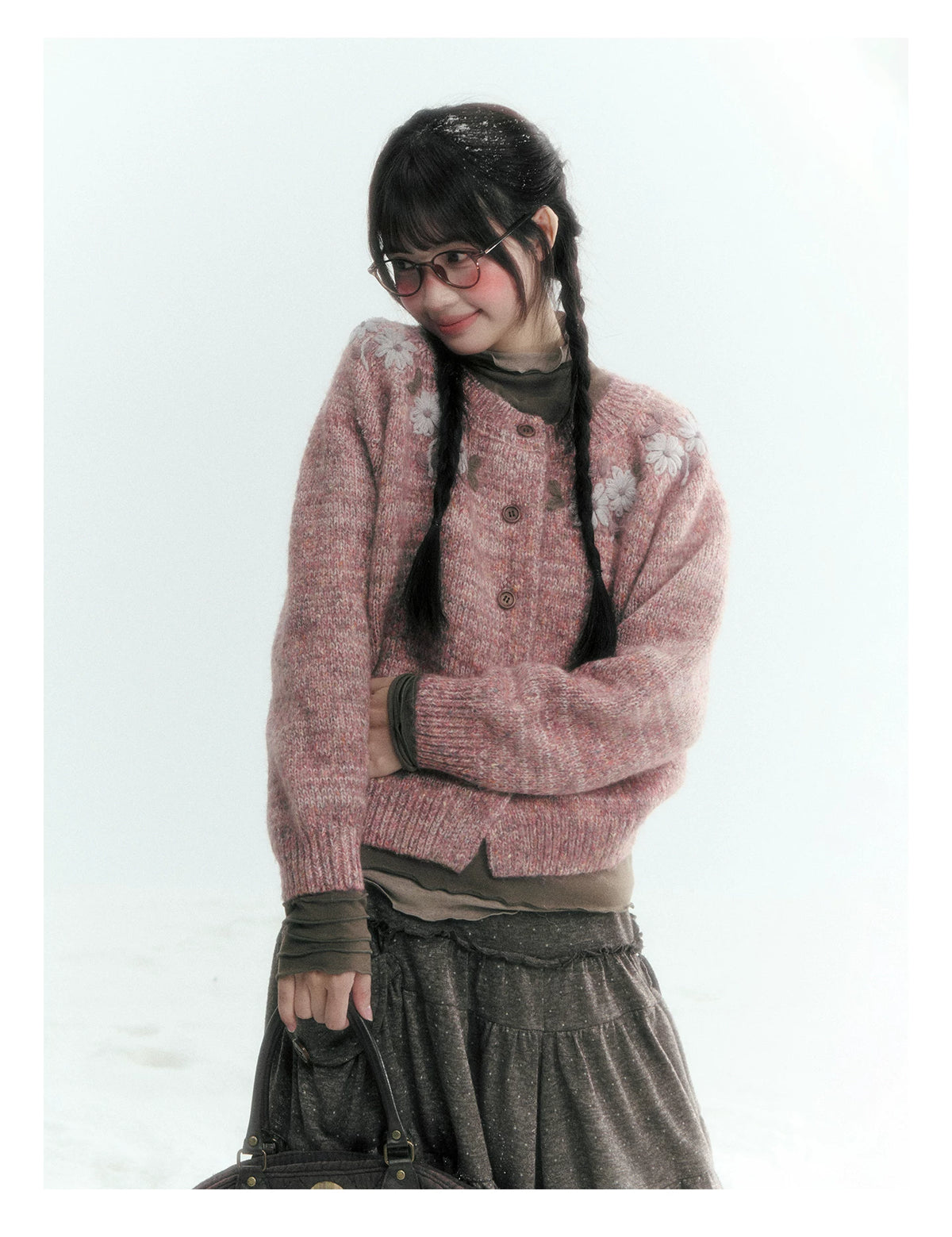 Horridale - Dusty Lotus Pink Vintage Crochet Flower Knit Cardigan