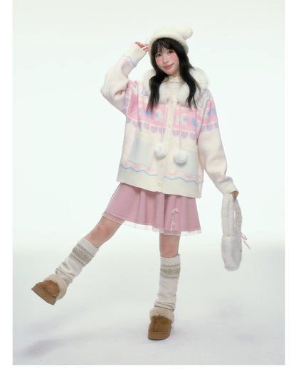 BIBIBENCY - Pink and White Hooded Knit Cardigan with Faux Fur Trim