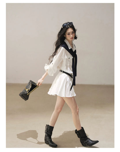 AOMALM - "Moonlight Sinks into the Sea" High-Intellect Utility Shirt Dress (Plain White / Navy Blue, with Belt & Optional Shawl)
