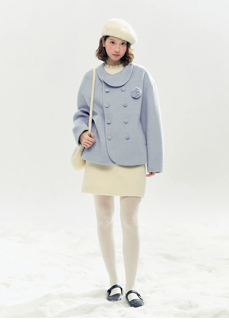 "Rose Manifesto" Frosted Blue Double-Breasted Quilted Wool-Blend Peacoat