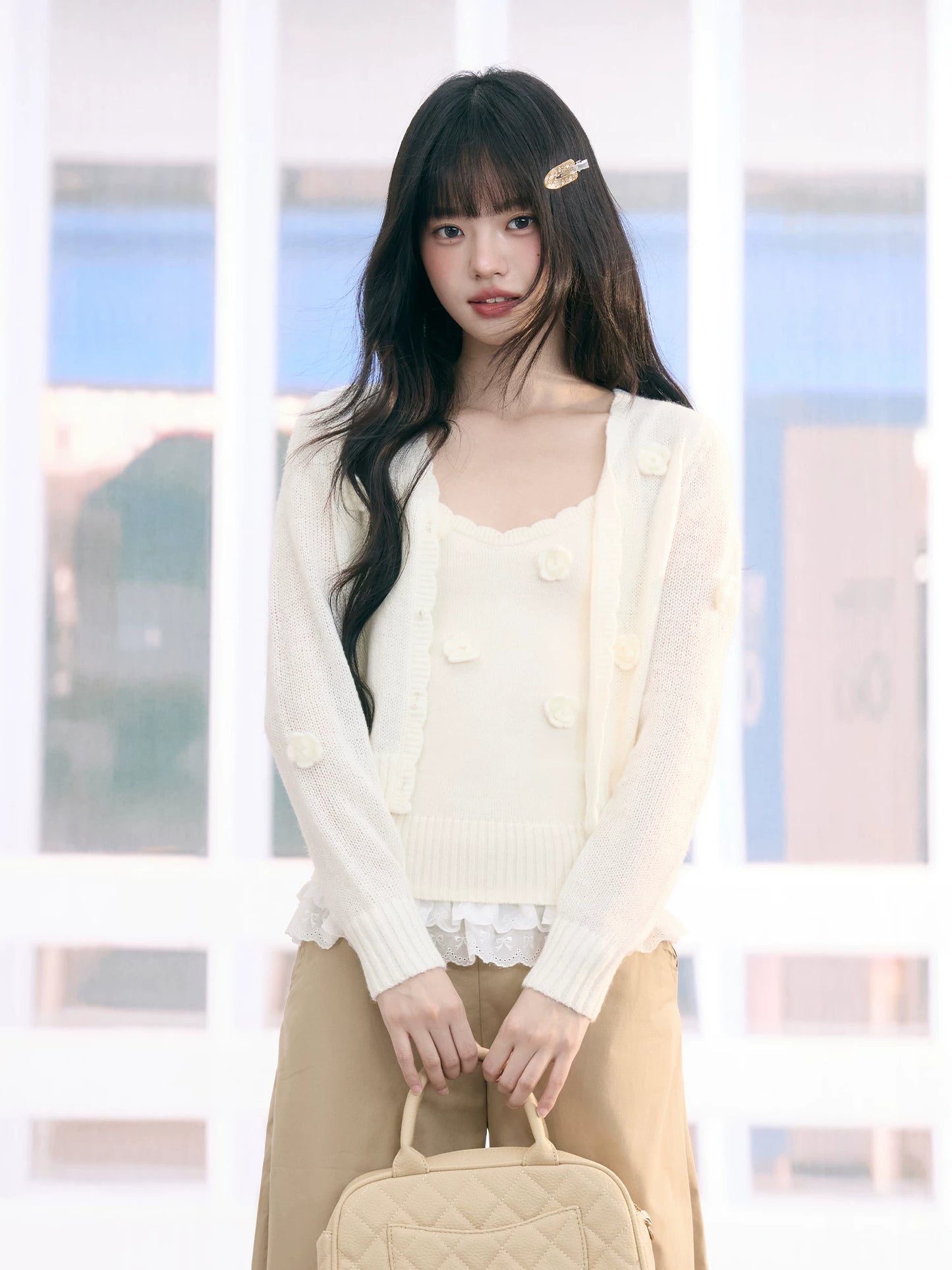 "Seoul Rose" Knit Cardigan & Camisole Set (Apricot)