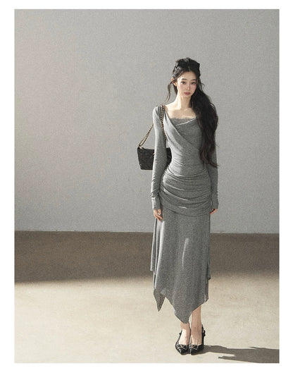 AOMALM - "Still River Cove" Cloud Mist Gray French-Inspired Lace Maxi Dress