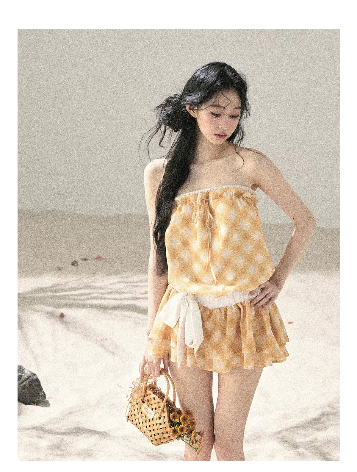 "Breeze Upon the Waves" Cheese Yellow Off-Shoulder Diamond Quilted Mini Dress