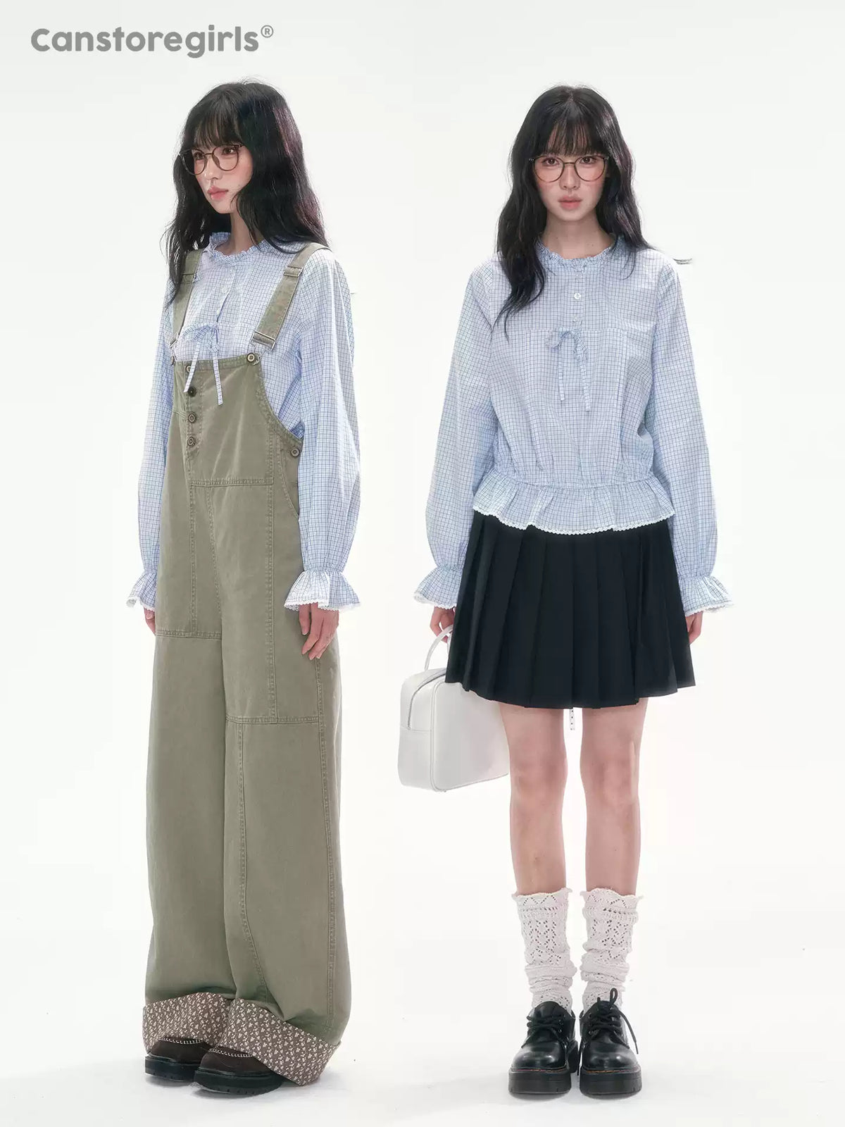 [CAN] Blue Plaid Lace-Trim Bow Tie Blouse