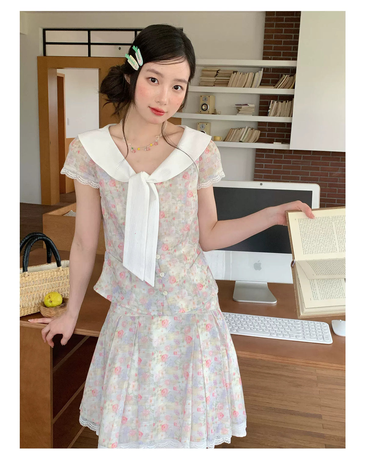 [RF] “Gentle Prelude” Monet Floral Peter Pan Collar Two-Piece Set