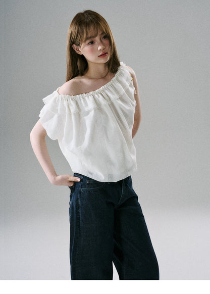 LOST FOREST - Natural Linen-Blend Drawstring Shoulder Top