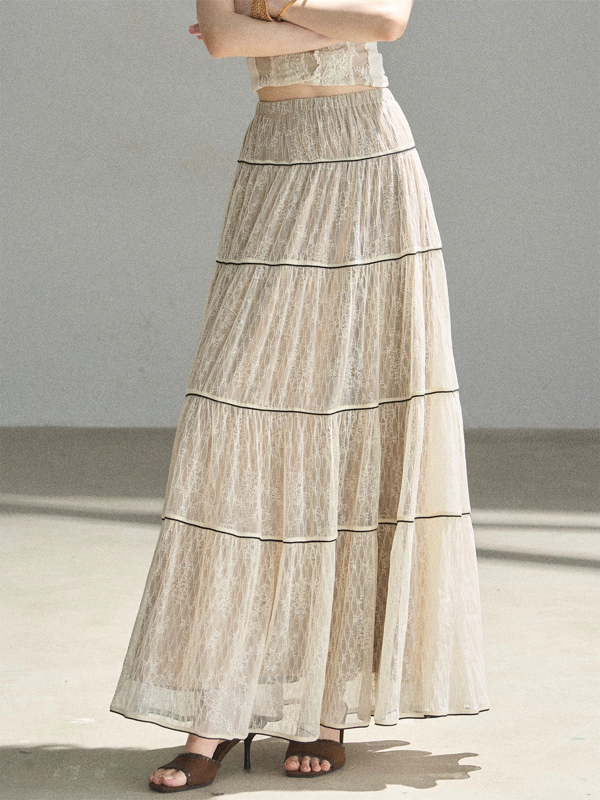 "Mist Through the Woods" Creamy Apricot White Lace Maxi A-Line Skirt