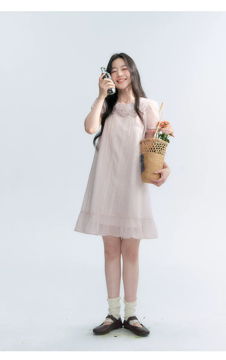 "Misty Wild Rose" Detachable Rose Lace Trim Puff Sleeve Midi Dress