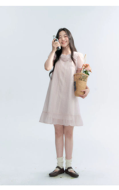 "Misty Wild Rose" Detachable Rose Lace Trim Puff Sleeve Midi Dress