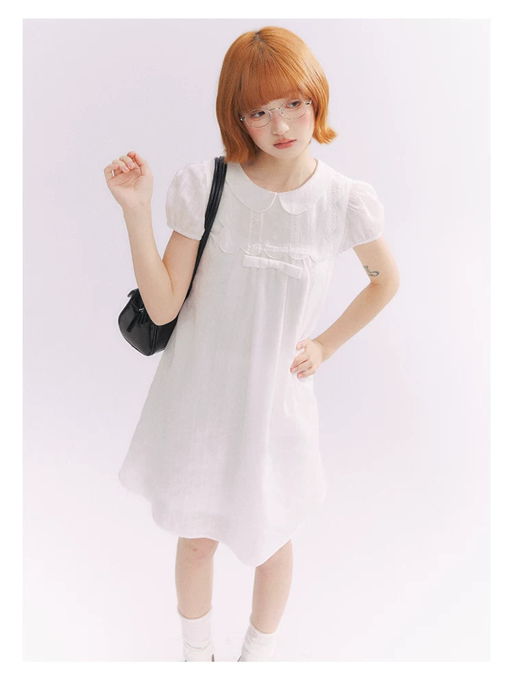 “Lace Sleep Song” White Embroidered Puff Sleeve Babydoll Dress