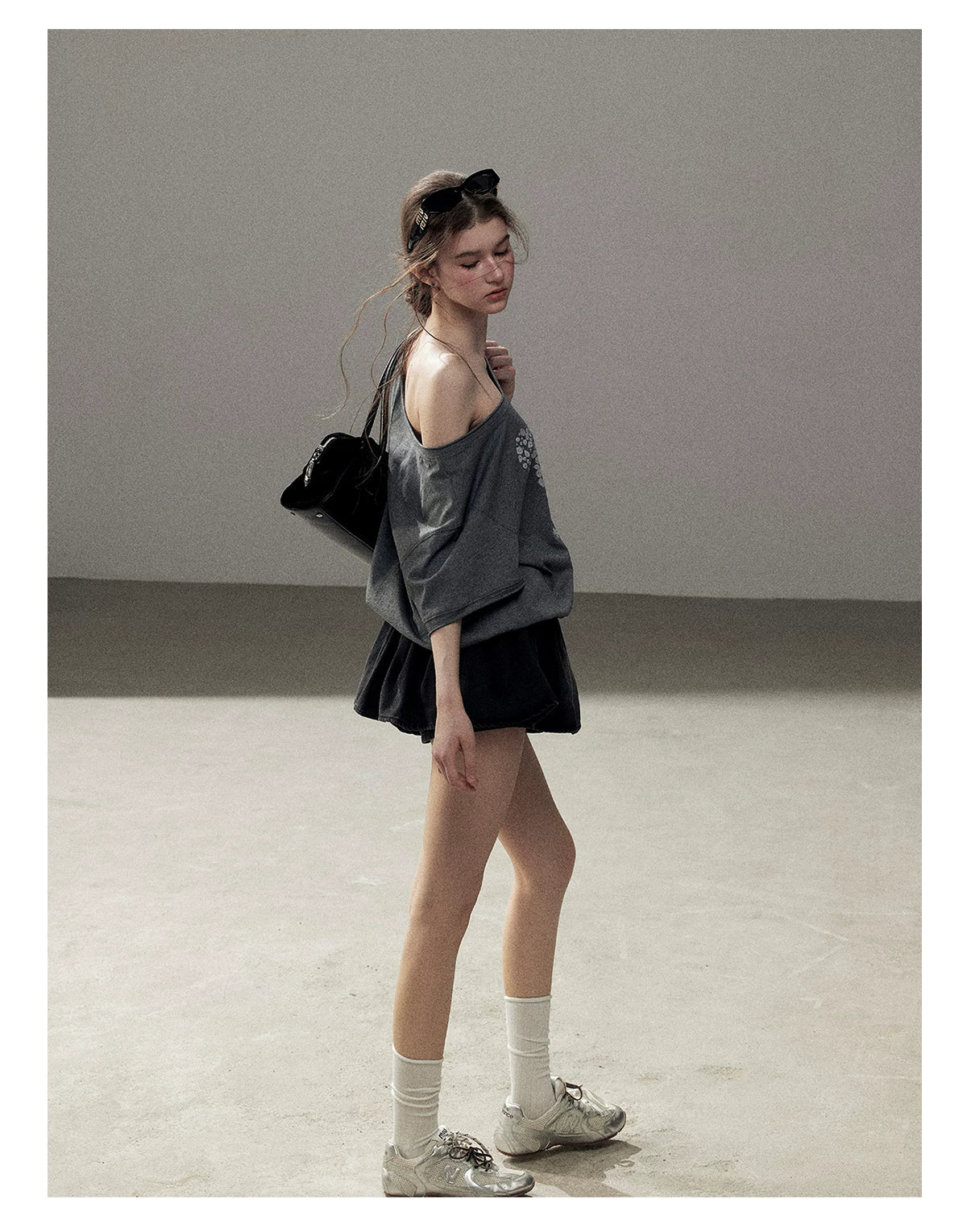 "Muted Shades of Gray" Silver Mouse Gray Off-Shoulder Tee