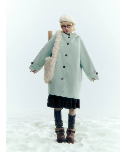 Pale Aqua Green Hooded Cocoon Wool-Blend Coat