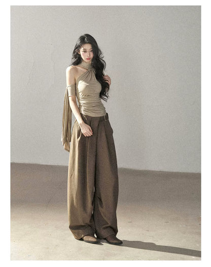 AOMALM - Halter Neck Off-Shoulder Cropped Tee in Milk Tea
