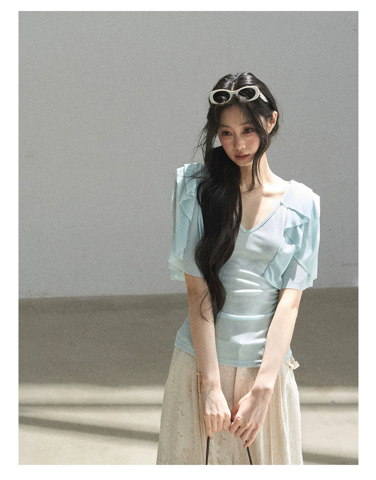 "Where Clouds Fall" Ruffle Sleeve V-Neck Crop Top (Forest Green/ Sage Gray/ Misty Blue/ Cinnamon Pink)