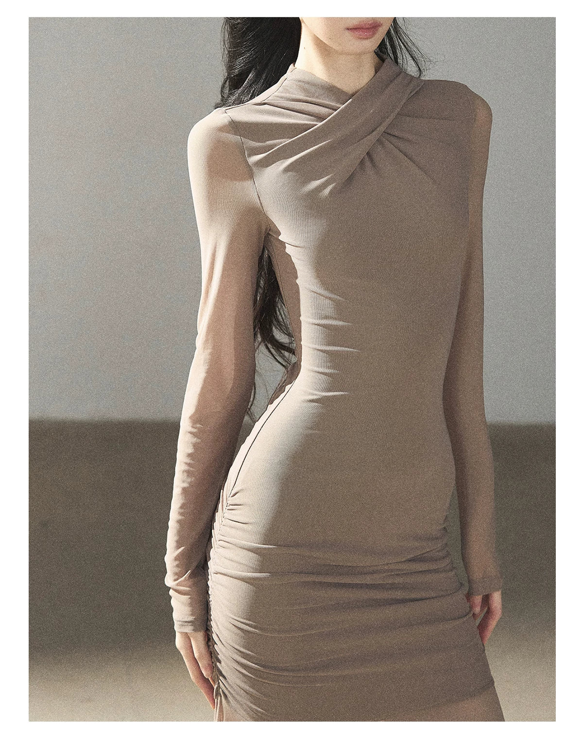 AOMALM - Milk Tea Ruched Mesh Mermaid Maxi Dress