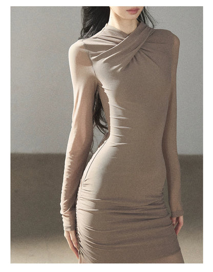 AOMALM - Milk Tea Ruched Mesh Mermaid Maxi Dress