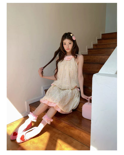 “Peach Cream Brioche” Cream Apricot Floral Bubble Skirt Set