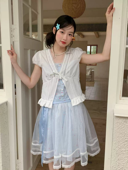 [RF] “Sweet Bluebell” Light Blue Plaid Lace-Trim Three-Piece Set