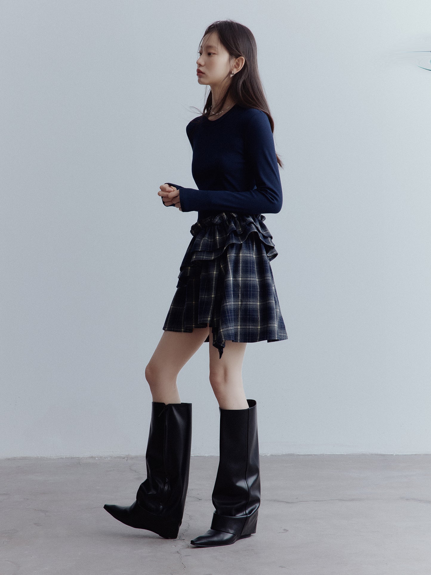 FUSSED Asymmetrical Layered Plaid Dress – Midnight Blue FOF-25AW215