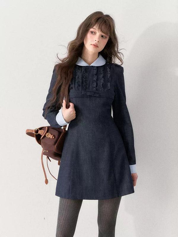 [TMMG] French Vintage Deep Navy Faux Two-Piece Ruffle Dress