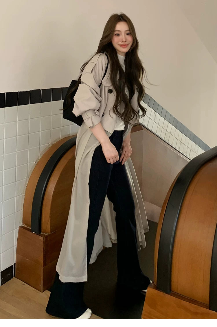 LaluneDuCiel - Beige Gray Double-Breasted Long Trench Coat