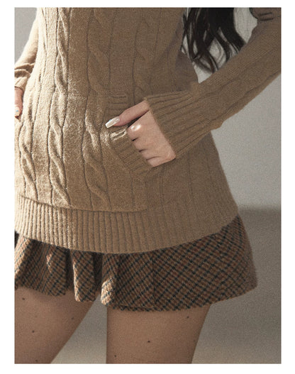 AOMALM - Oatmeal Hooded Deep V-Neck Cable Knit Top