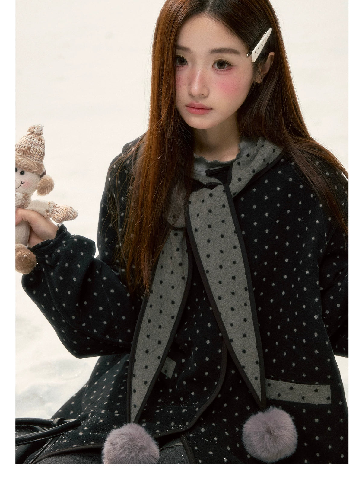 BIBIBENCY - Gray & Black Reversible Polka Dot Wool-Look Coat