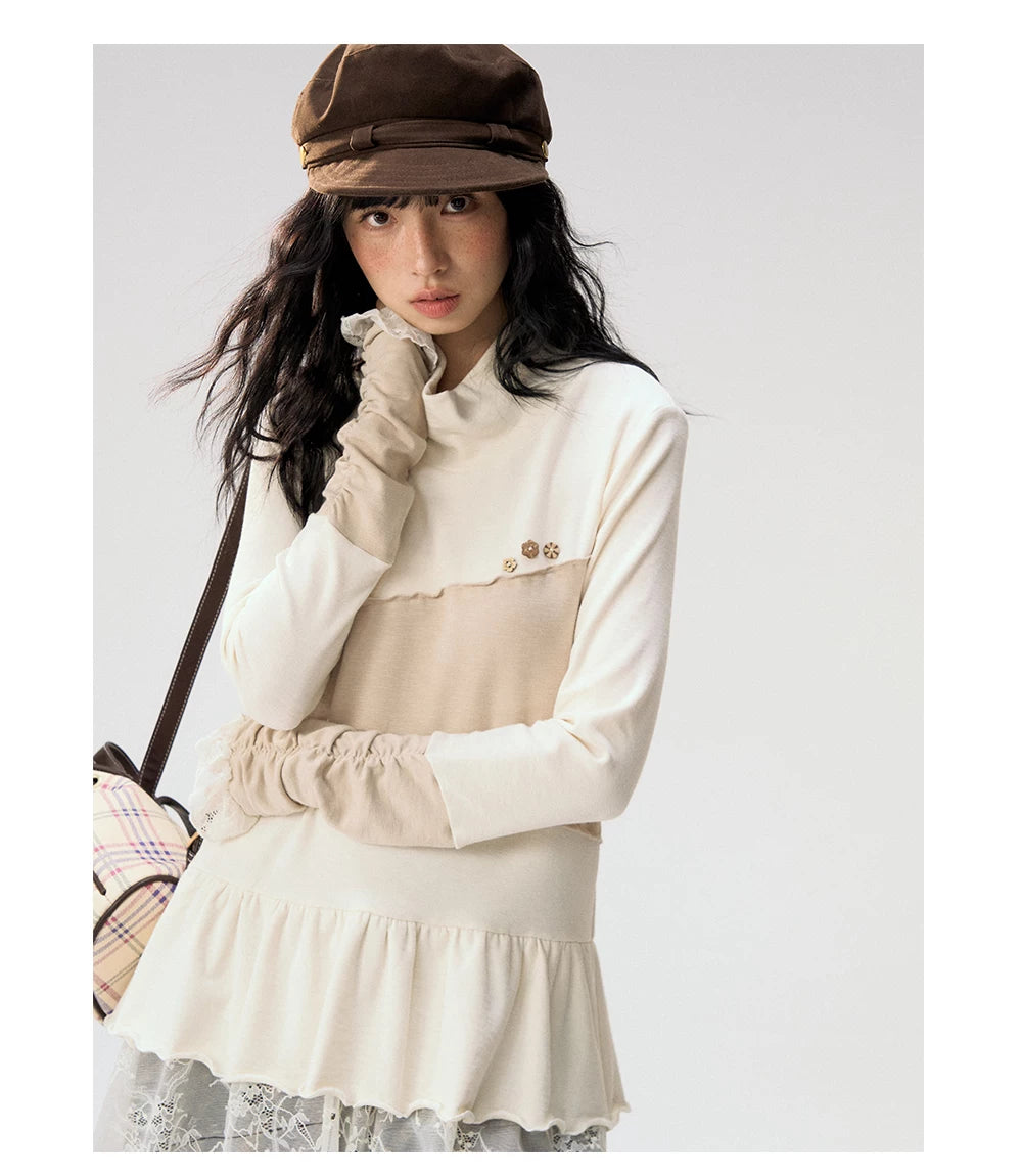 [CAN] "Oatmeal Harmony" Ivory Taupe Ruffle Lace Layered Knit Top