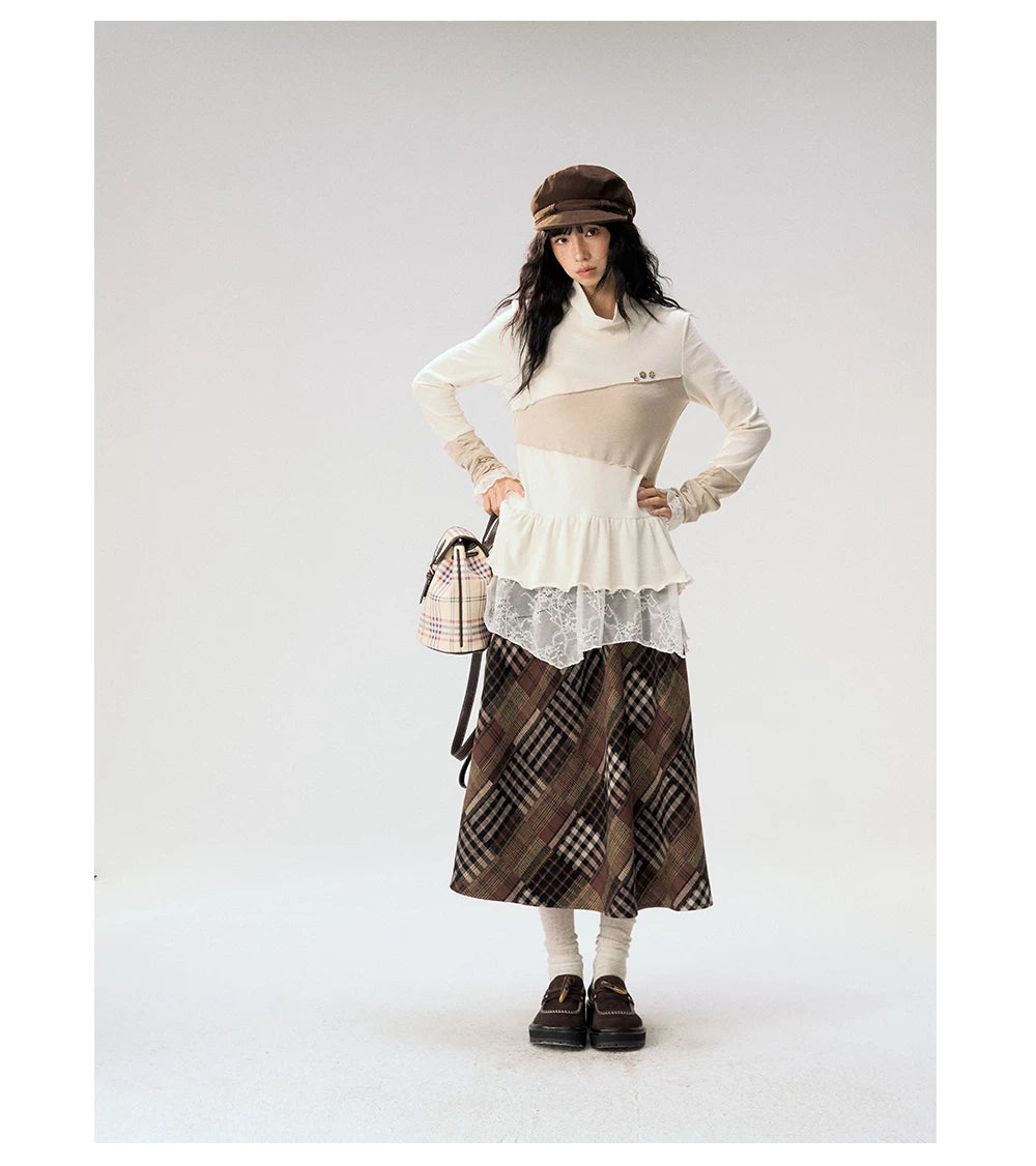 [CAN] "Oatmeal Harmony" Ivory Taupe Ruffle Lace Layered Knit Top