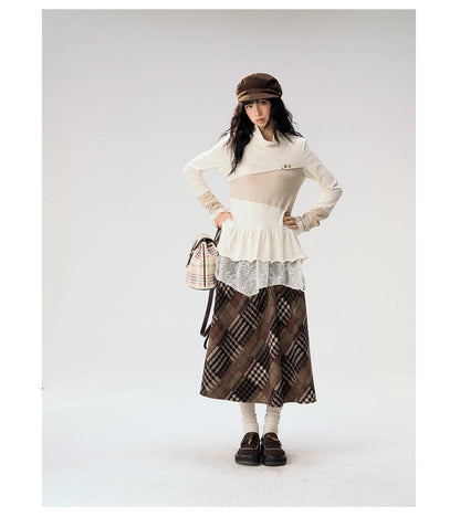 [CAN] "Oatmeal Harmony" Ivory Taupe Ruffle Lace Layered Knit Top