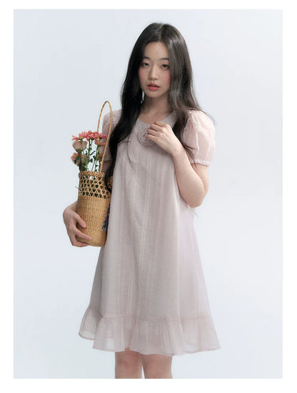 "Misty Wild Rose" Detachable Rose Lace Trim Puff Sleeve Midi Dress