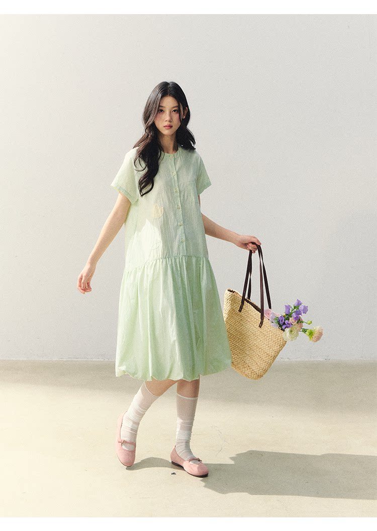 "Tulip Spring Letter" Bubble Hem Shirt Dress SJ2026030