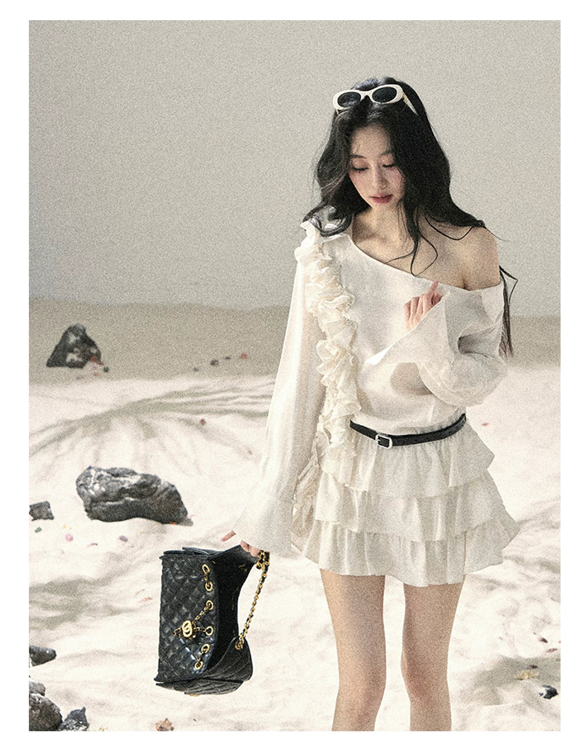 "Petals of Early Summer" Mist White Ruffle One-Shoulder Cake Dress (With Belt) 58648