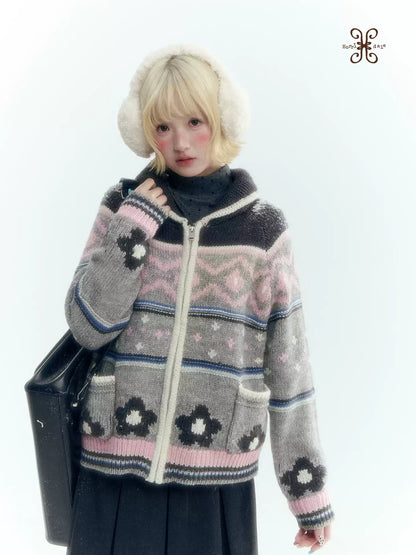 Horridale - Gray Pink Fair Isle Floral Zip-Up Knit Cardigan