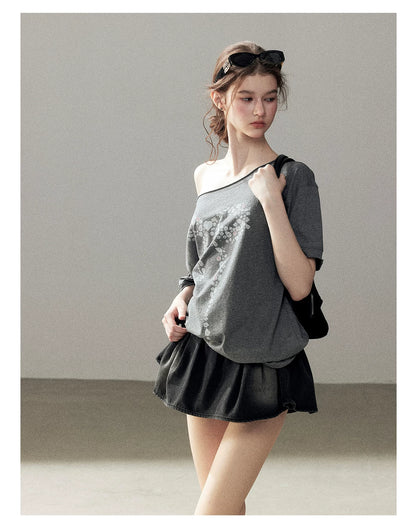 "Muted Shades of Gray" Silver Mouse Gray Off-Shoulder Tee