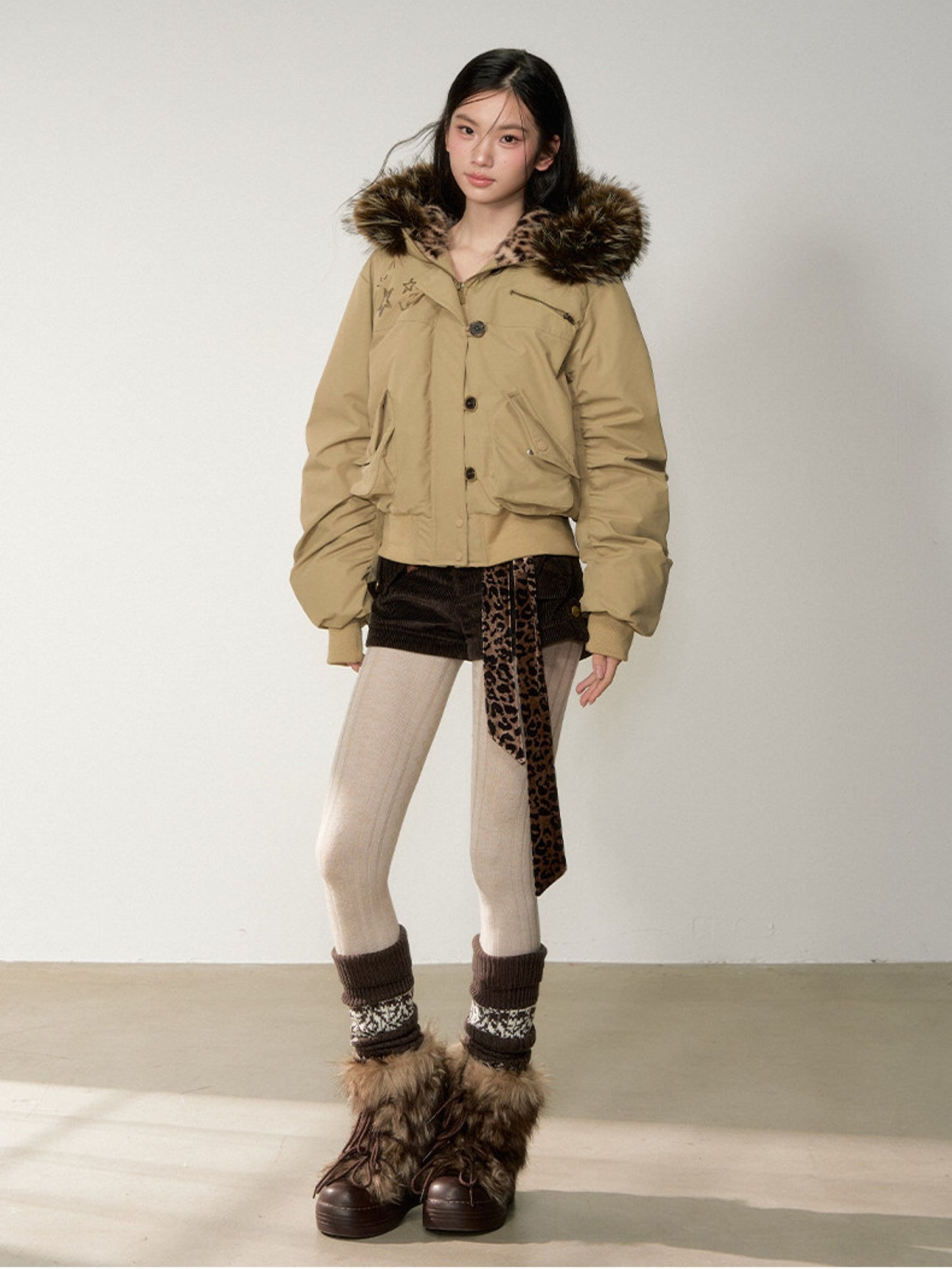 Soote Season - Studded Aviator Hooded Down Jacket with Faux Fur Collar