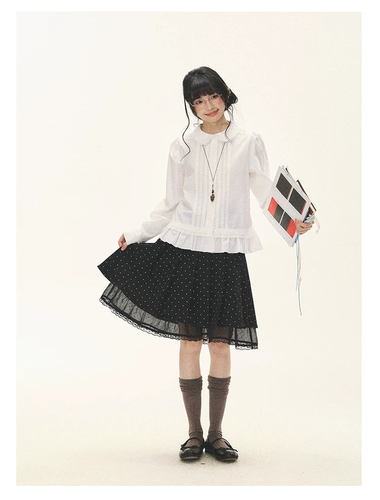 "Polka Reverie" Black Polka Dot Bow Pleated Mini Skirt
