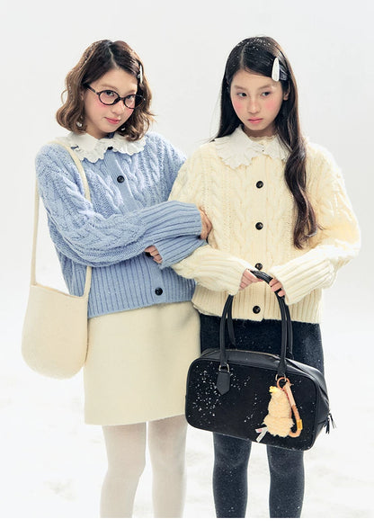 "Cotton Mousse" Cable Knit Cardigan with Detachable Ruffle Collar (Cotton Blue/ Soft White)