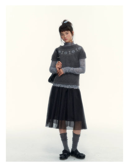 Deep Gray Fair Isle Short-Sleeve Knit Sweater