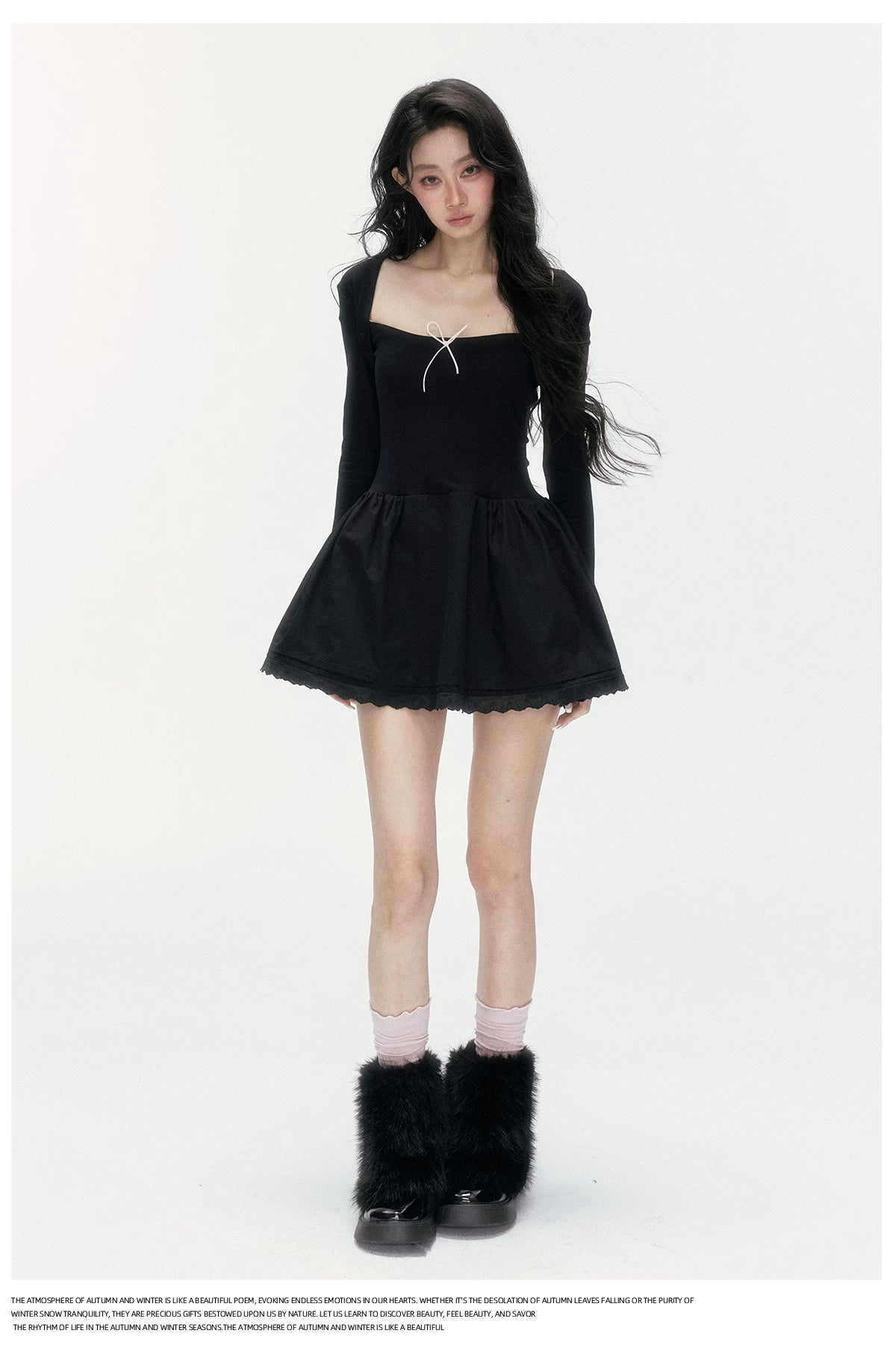 24olvides - Fitted Two-Tone Look Dress with Lace Hem and Bow Detail