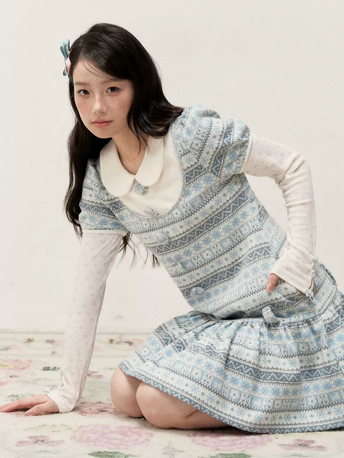 [RF] Vintage Geometric Jacquard Peter Pan Collar Knit Dress with Ruffle Hem
