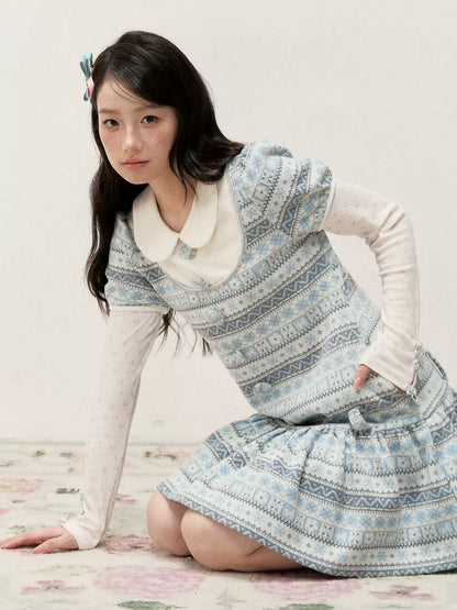[RF] Vintage Geometric Jacquard Peter Pan Collar Knit Dress with Ruffle Hem