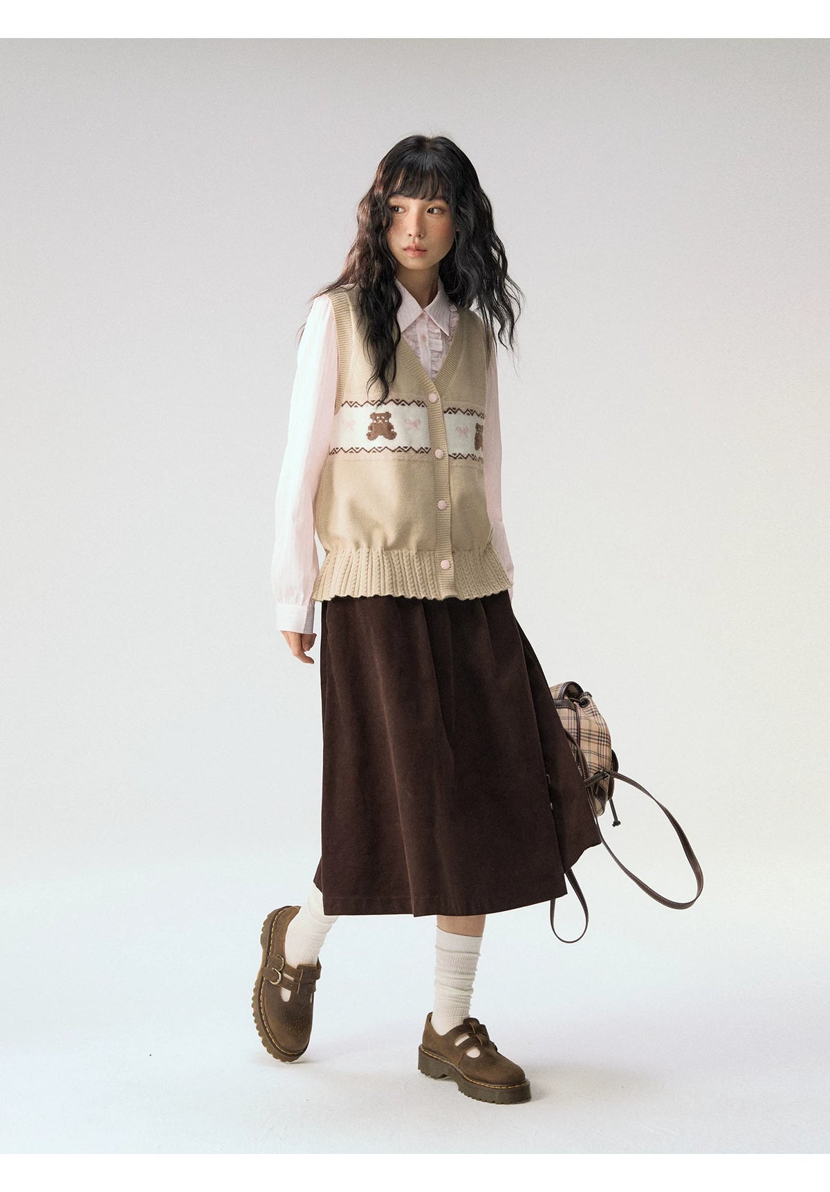 [CAN] "Bear Waltz" Brown Bow Jacquard Knit Vest