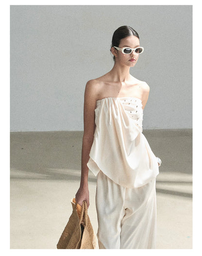 "Summer Rain at Dusk" Cream Beige Satin Two-Piece Set