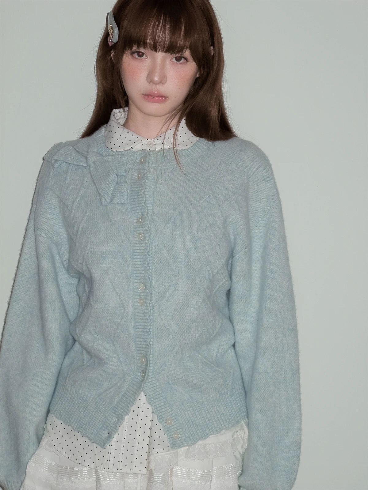 LOST FOREST - Teal Green Wool Blend Bow Cardigan