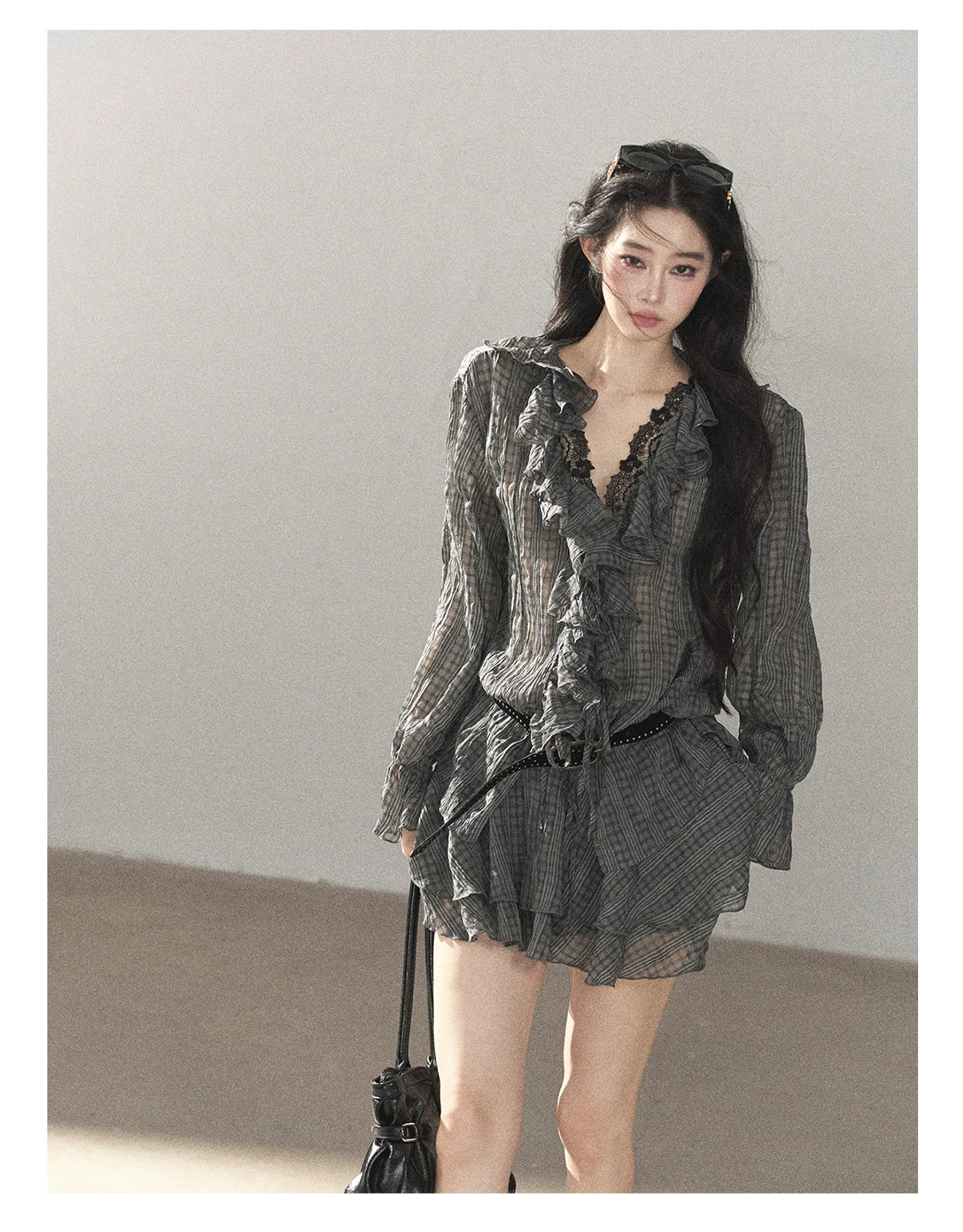 AOMALM - "Gray Check & Wild Wind" Ruffle Top & Mini Skirt Set (With Belt)