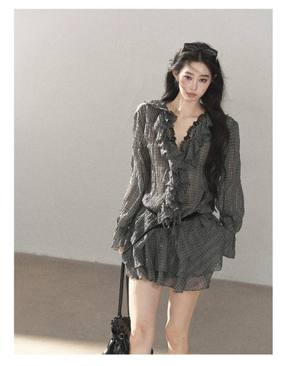 AOMALM - "Gray Check & Wild Wind" Ruffle Top & Mini Skirt Set (With Belt)