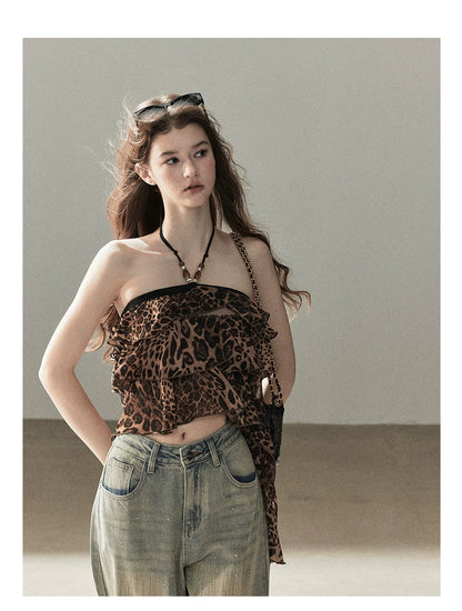 "Chasing the Sunset" Chestnut Brown Leopard Halter Ruffle Crop Top