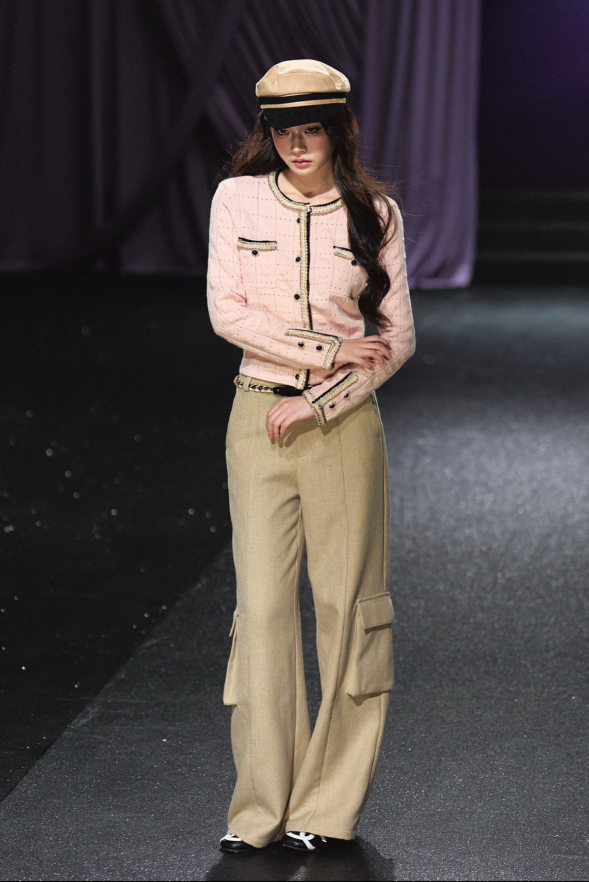 "Rosé Tweed" Pink Openwork Knit Cropped Cardigan
