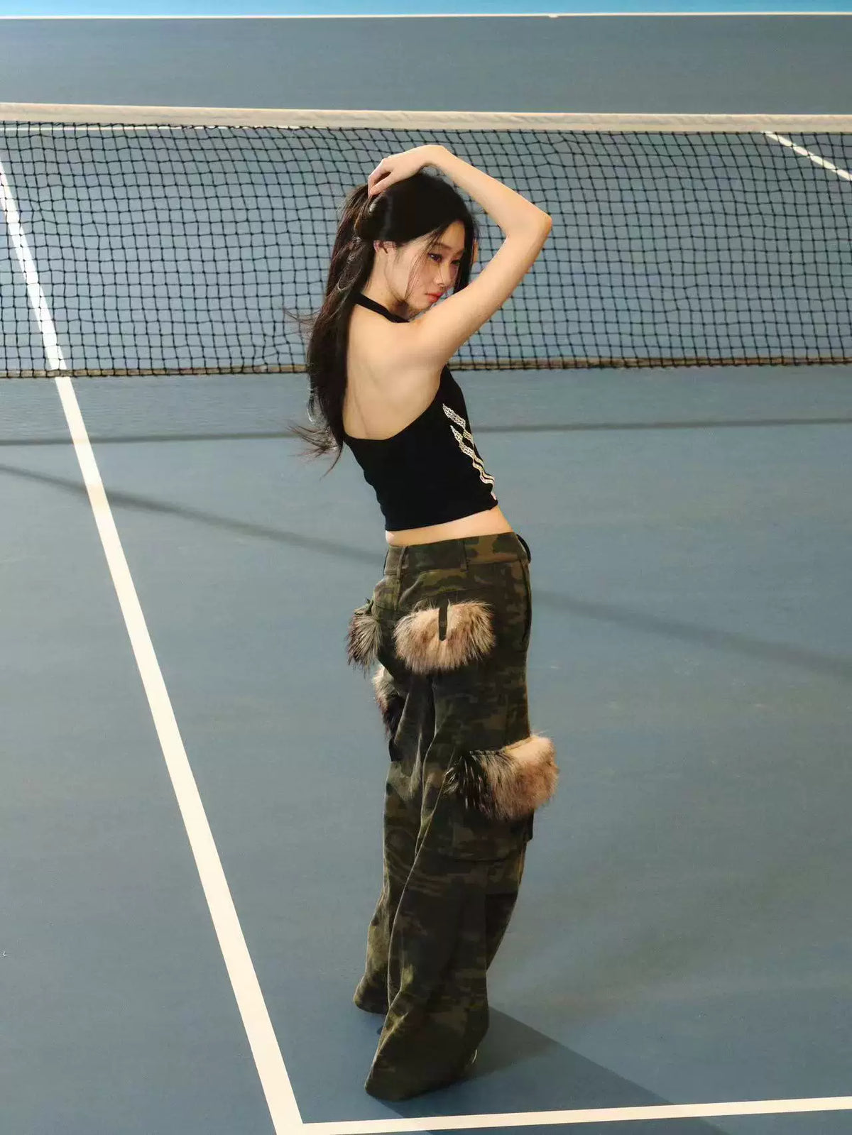 JN's DESIGN - Vintage Camo Wide-Leg Cargo Pants with Faux Fur Pockets